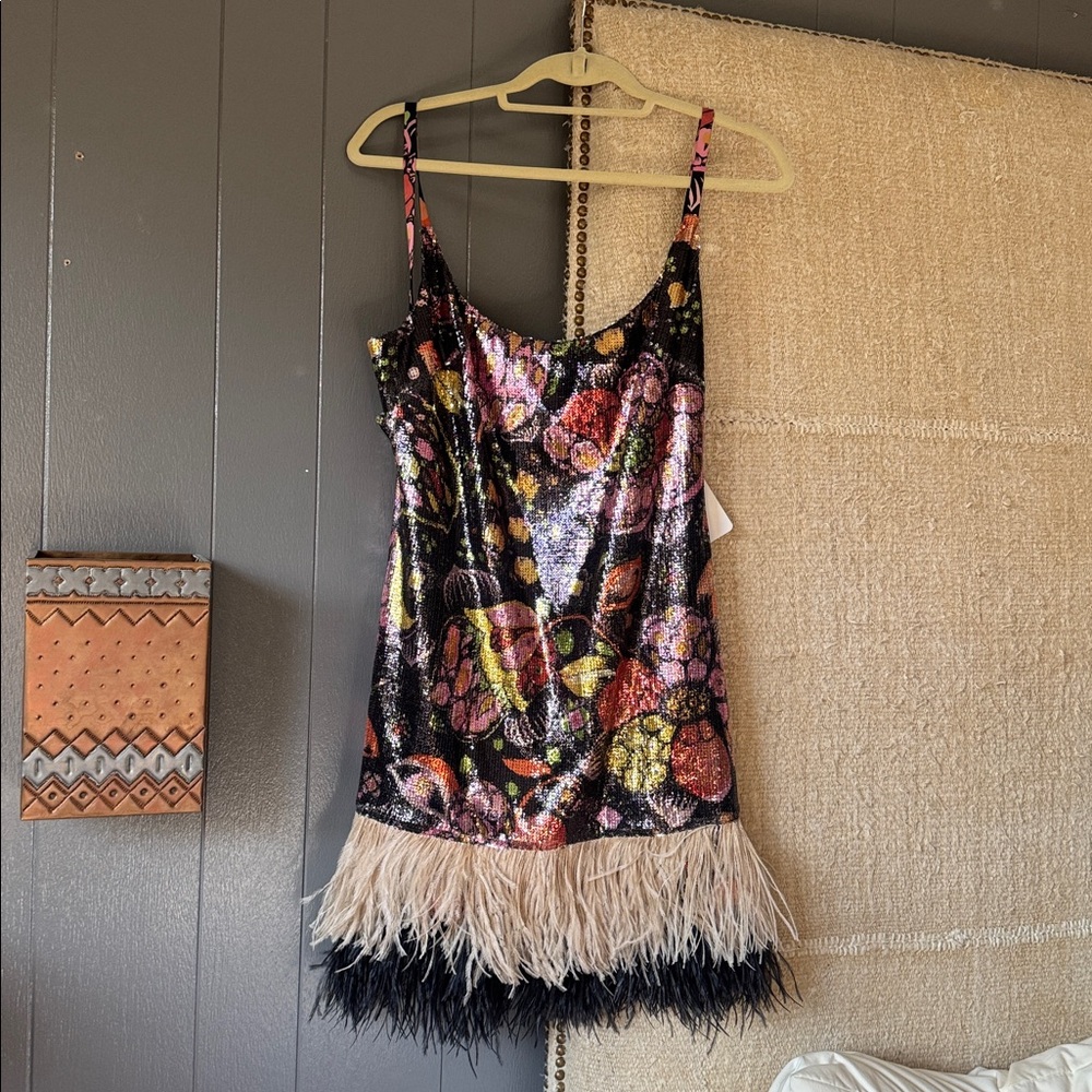 La Double J floral Sequin Dress with Feather Hem
